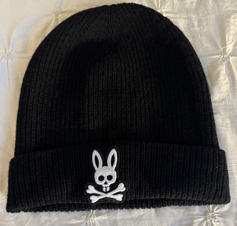 Psycho Bunny Men's Black Embroidered Logo Ribbed Cuff Wool Beanie